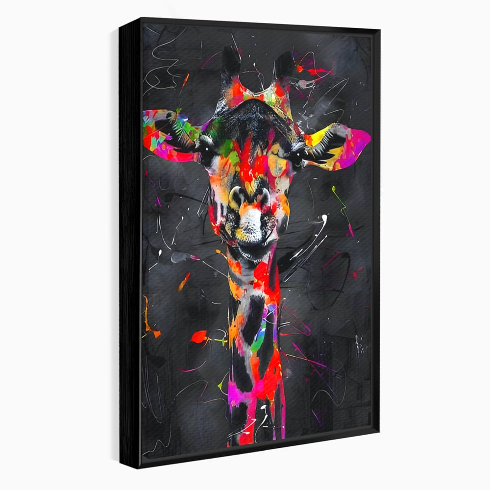 Tablou canvas cu tablou canvas cu girafa multicolor, in rama de aluminiu negru